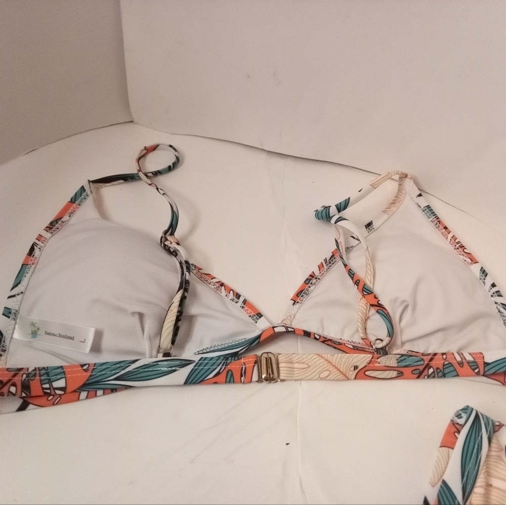 Beachsissi Bikini Palm Leaf Print Women's L 12/14 Green Orange Tan White - Picture 3 of 5